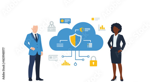 Secure data protection with cloud technology for business.  Two confident business professionals stand proudly beside secure cloud storage, symbolizing reliable data protection and privacy.
