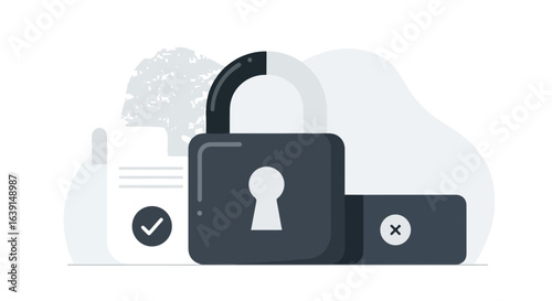 Password protection concept image showing unlocked padlock next to approved document and rejected data block.  Password protection ensures secure data access.