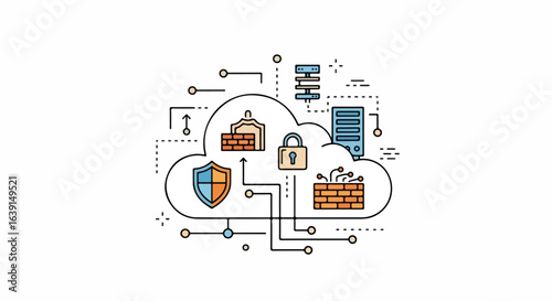Secure cloud storage with firewall and padlock representing data protection. Secure cloud represents the future of business, with reliable encryption and security.