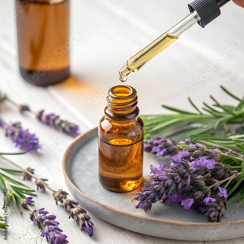 essential oil with lavender flowers