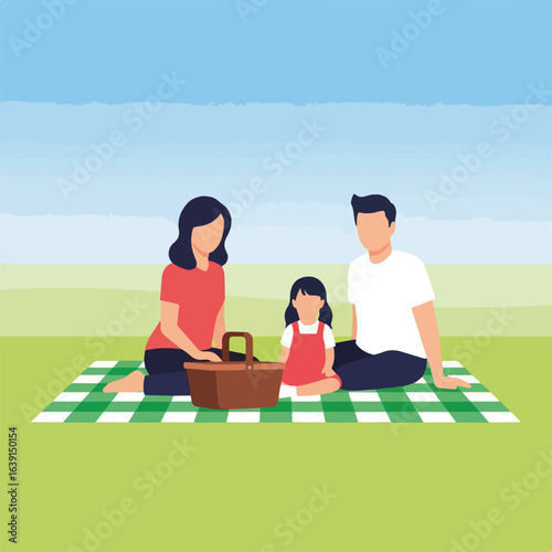 Family picnic illustration shows mom, dad, and child on green grass with picnic basket. Enjoy family picnic with a checkered blanket under blue sky, perfect for outdoor relaxation.