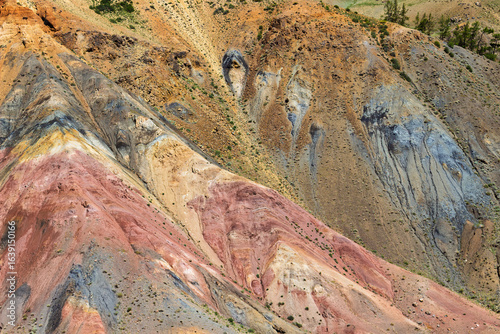 Background from sandy multi-colored mountain slope in Kyzyl-Chin valley at Altai republic, Russia. Altai Mars near village of Chagan-Uzun. Ground layers are colored by minerals and polymetallic ores