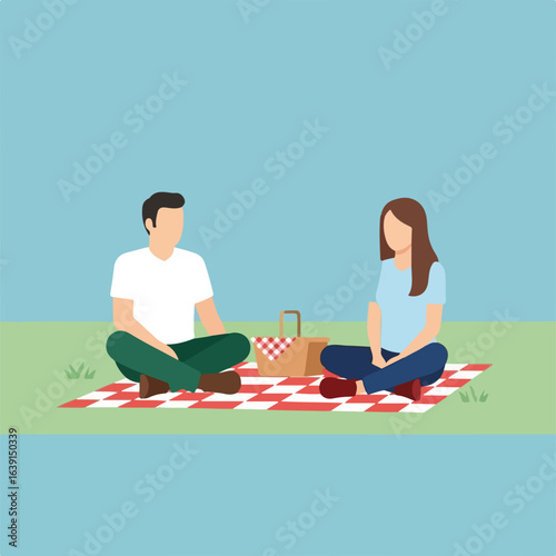 People on a picnic, illustration of friends enjoying nature. People on a picnic share special moments, relax on the checkered blanket and enjoy the outdoors.
