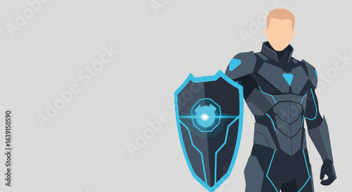 Shield cyber protection character symbolizes modern data encryption. Network security cloud system shows an armored figure embodying shield cyber security. Illustrating network security cloud,