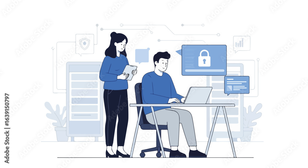 Cyber security shield protecting computer network with password protection, two people working together. Shield cyber represents safety and secures information with data encryption, Cyber security shield protecting computer network with password protection, two people working together. Shield cyber represents safety and secures information with data encryption,