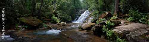 Majestic waterfall cascades enchanted forest hdr panorama serene nature wide angle tranquil scenery