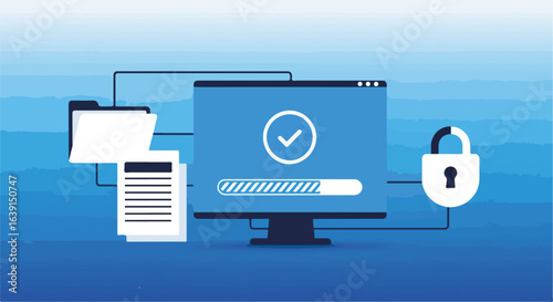 Network security cloud protects files with data encryption, showing shield cyber. Network security is essential for protection and access,