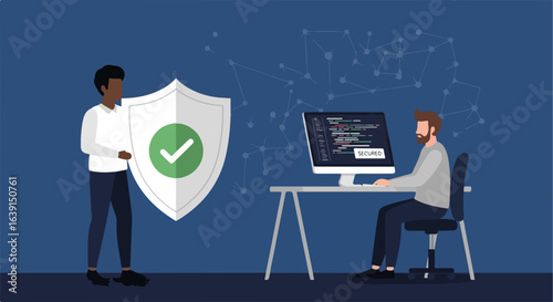 Shield cyber security shown with characters with a protective antivirus shield for network defense. Cyber security is vital for data encryption, shown with digital data shield cyber,