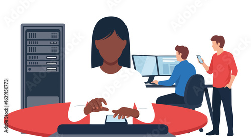 Network security cloud configuration with data center server and team working on protecting information. Network security cloud solutions are vital for businesses,