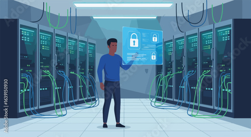 Shield cyber concept with security expert in server room controlling data encryption. Shield cyber protection and password protection with data protection with network security cloud ensures security.
