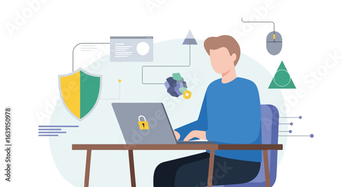 Network security cloud illustration depicts data encryption and password protection on laptop. Network security cloud protects digital information.