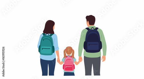 Rear view of family trip with mother, father, and child wearing backpacks holding hands. Family trip concept featuring vacation, togetherness, and exploration with modern casual attire.