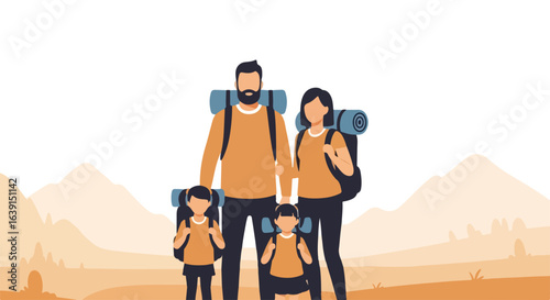 Happy family trip on nature background with backpacks, vector design. Family trip with father, mother, and two daughters on vacation, mountain tourism. Ideal family trip for posters, flyers, print,