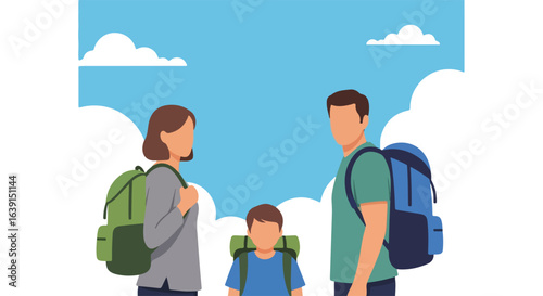Family trip with backpacks, ready for adventure with mother, father, and son. Concept of family trip and outdoor activities. This family trip represents happy bonding and shared experiences,