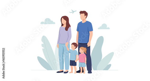 Family trip with mother, father, son, and daughter standing together in simple cartoon illustration. Happy family trip includes parents with kids, standing calmly against abstract backdrop.