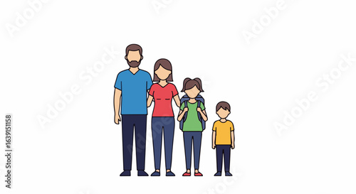 Cheerful family trip shown as simple flat design, parents with children standing together. Family trip represents adventure, travel, and togetherness, creating lasting memories.
