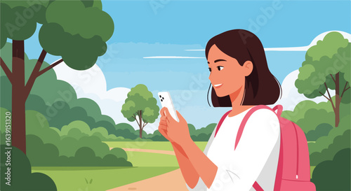 Woman enjoying summer weekend outdoors with mobile phone. Summer weekend features woman with backpack, checking social media during walk in nature. Capture essence summer weekend,