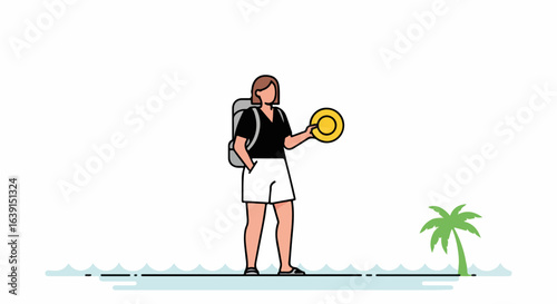 Girl on summer weekend trip holding straw hat on island illustration. Enjoyable summer weekend on vacation with backpack in summertime, leisure time to relax and enjoy nature.