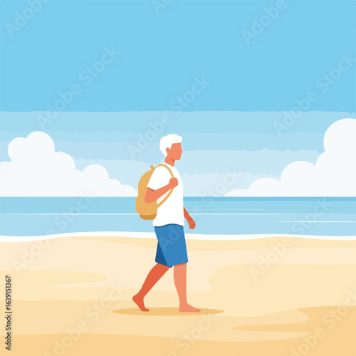 Summer weekend beach stroll man walking along sandy shore.  Relaxing summer weekend getaway features male traveler with backpack enjoying ocean breeze.