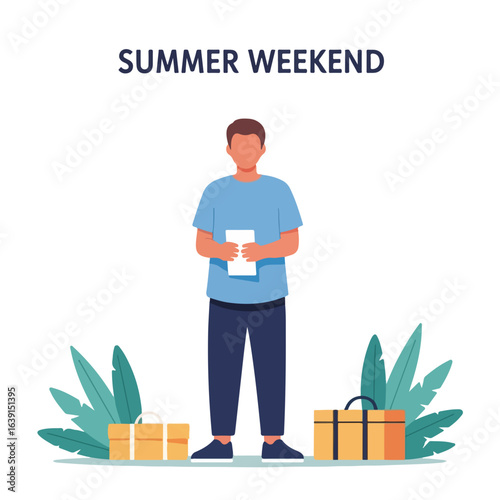 Summer weekend travel plans with man holding itinerary near luggage and boxes. Person preparing for summer vacation trip. Relaxing summer weekend getaway concept for travel agencies and brochures.