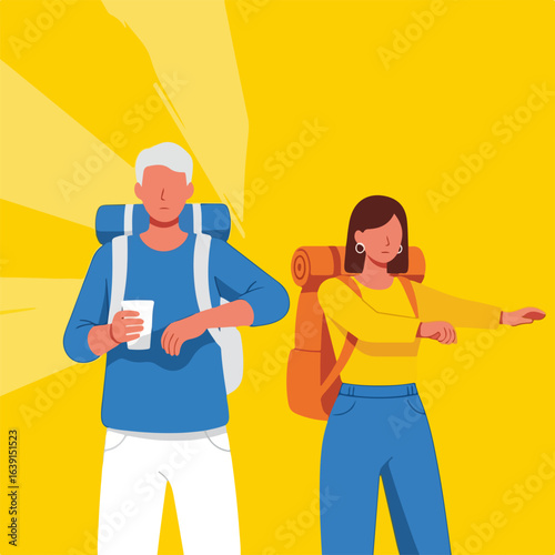Summer weekend adventure with couple hikers checking time and enjoying refreshing drink. Couple of tourists with backpacks checking time on wristwatches during summer weekend getaway.