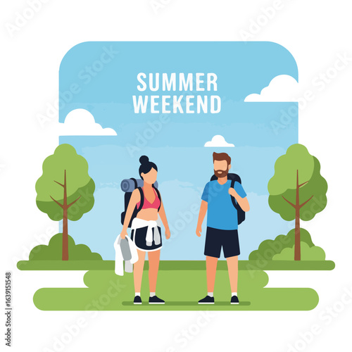 Summer weekend adventure with young couple ready for hiking trip. Summer weekend planning includes backpacks and comfortable sportswear. Enjoy summer weekend getaway in nature,