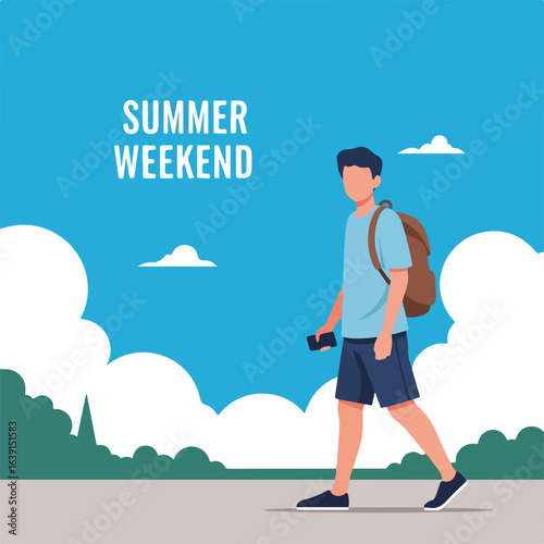 Young man enjoying summer weekend, walking outdoors with backpack and smartphone. Summer weekend adventure involves exploring nature and planning his itinerary.