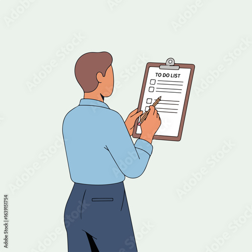 To-do list for man's daily planning, illustration features tasks with projects. To-do list with checkboxes represents urgent assignments on clipboard with pen.