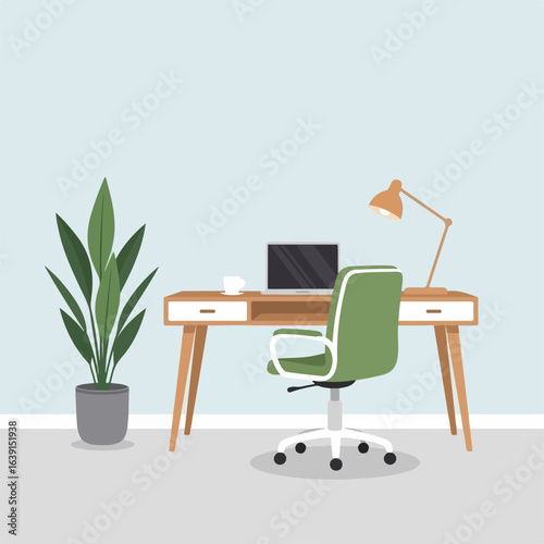 Cozy workspace with desk setup showcasing home office interior featuring laptop and lamp. Office space includes plant and chair and provides home office interior.