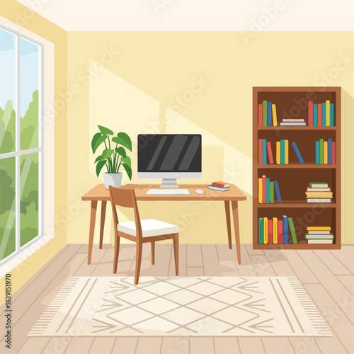 Inviting cozy workspace with desk, computer and chair in interior. Cozy workspace has wooden desk and rug, monitor, green plant and bookcase.