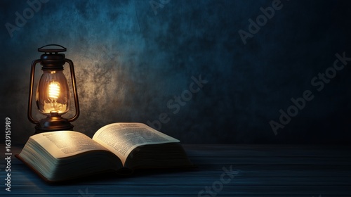 An old oil lamp illuminates an open thick book against a dark blue background. space for text copy