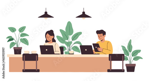 Working coffee setting showcases two individuals using laptops in relaxed environment. This setting suggests collaborative work alongside working coffee ambiance with lush plants and modern lighting.