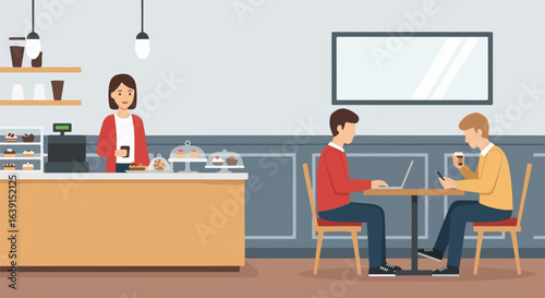 Working coffee scenario with two customers in a cafe, one using a laptop. Working coffee concept includes a barista serving customers in pleasant atmosphere. Enjoy working coffee in a cafe interior,
