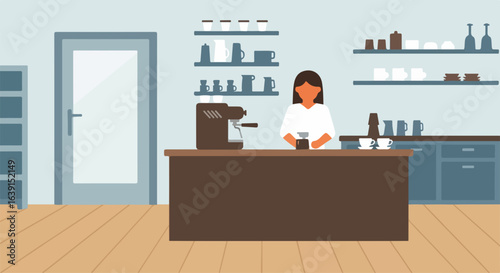 Working coffee scene in coffee shop with barista preparing fresh beverage at counter. Working coffee time, beverage being made, and mugs lined up on shelves in background.
