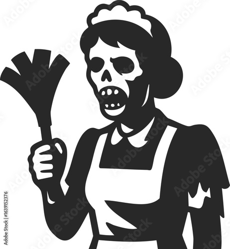 Zombie maid holding duster for halloween horror theme and spooky night celebration.
