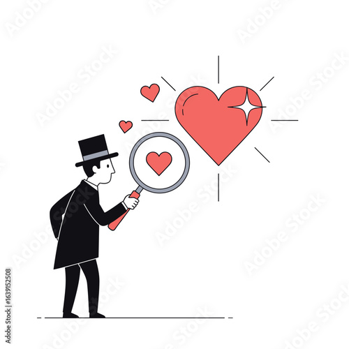 Man in top hat carefully examines a bright shining heart with a magnifying glass searching for love and affection discovering true romance