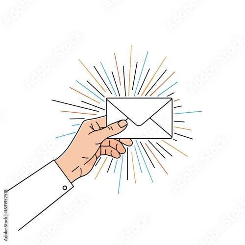 Hand holding envelope with burst effect communications and correspondence notification message delivery service