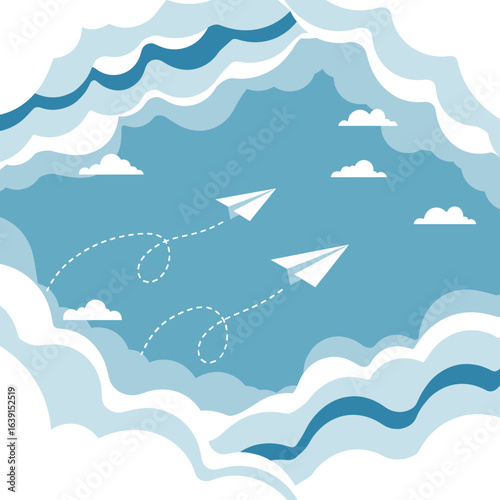 Two paper airplanes soaring through the bright blue sky amongst wispy clouds