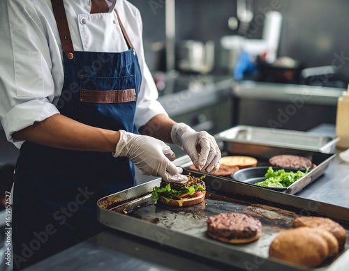 Chef in uniform prepares burger