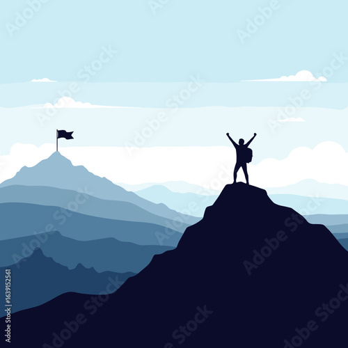 Triumph atop majestic peaks a lone adventurer celebrates summit success under a serene sky with distant flags marking the journey
