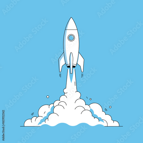 A sleek white rocket ship blasting off into the clear blue sky creating a large cloud of white smoke and fire