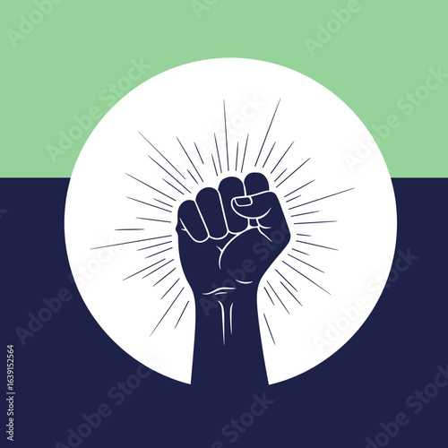 A powerful symbol of unity and strength showing a raised fist in front of a radiant circle against a dichotomous background representing hope and determination
