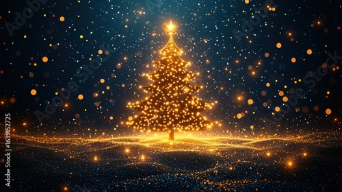 Abstract Christmas tree with gold particles and glowing garlands on a dark blue background. Festive background design. Space for text copy.