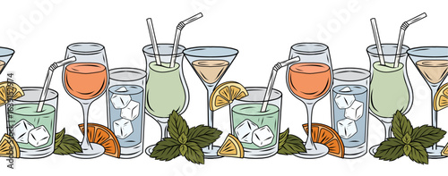 Vector seamless border with cocktail glasses, lemon slices, and mint leaves. Horizontal friezes with drinks in contour style. Ideal for textile prints, wrapping paper, menu, summer designs