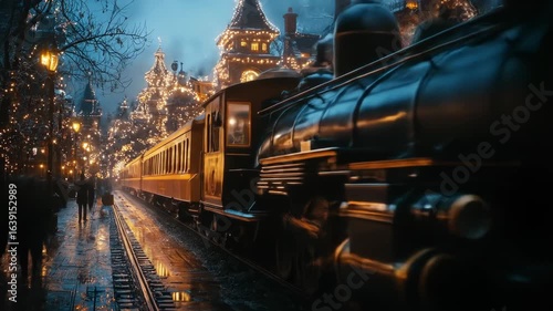 A steam train pulls into a beautifully decorated, snowy train station at night, lit by warm Christmas lights
