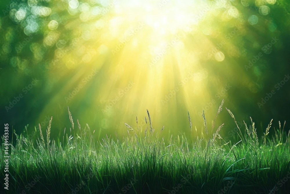 Fototapeta premium Bright morning sunlight shining through trees onto fresh green grass blades with dew drops creating a peaceful natural scene
