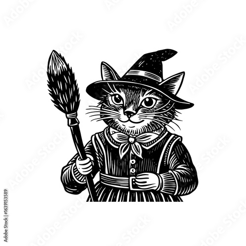 A cat dressed as a witch, wearing a hat and holding a broom, in a detailed black and white illustration.