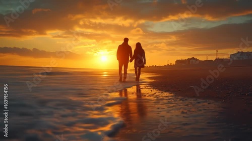 Silhouetted couple hand-in-hand strolls along a beach at sunset, the vibrant orange sky reflecting in the wet sand, a distant shoreline visible