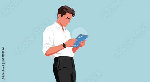 Digital tablet in hands of an entrepreneur wearing a white shirt and black pants for professional work. Digital tablet provides access to information and tools for communication and productivity,