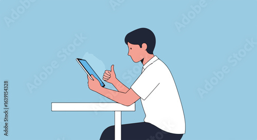 Man holding tablet for work home concept in a light teal studio shot, showcasing how contemporary professionals leverage technology for remote work home setups. This work home scene,